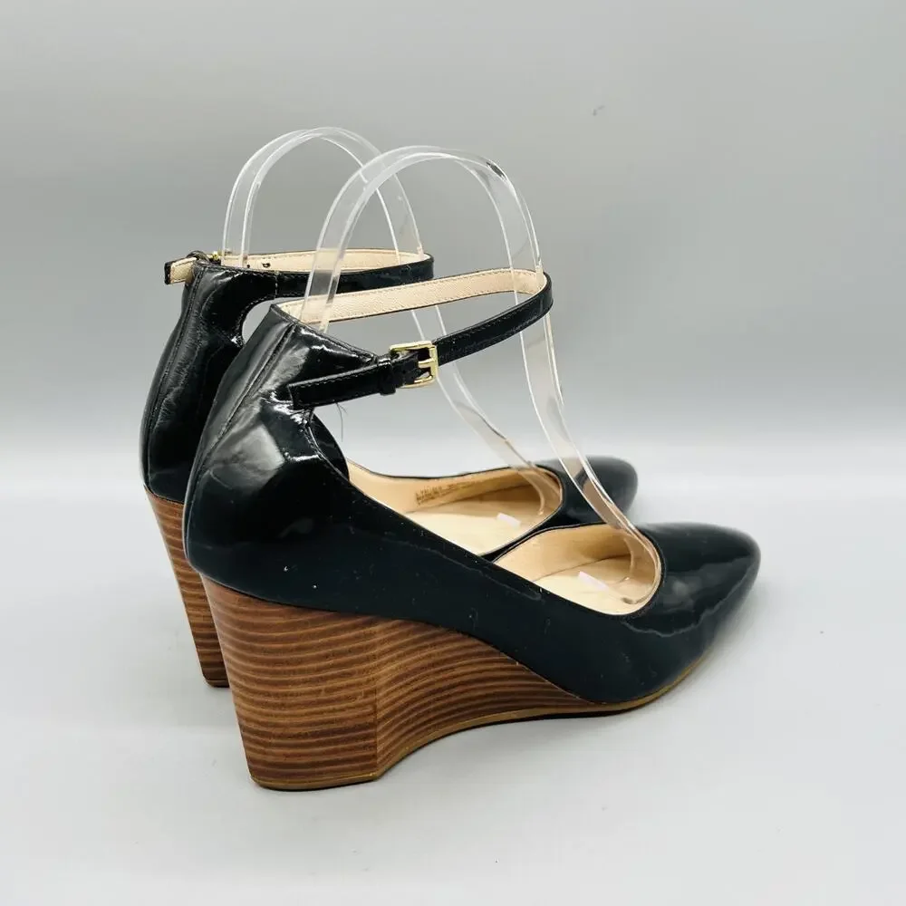Cole Haan Shoes Womens 6.5 Black Patent Leather Lacey Ankle Strap Wedges Pumps